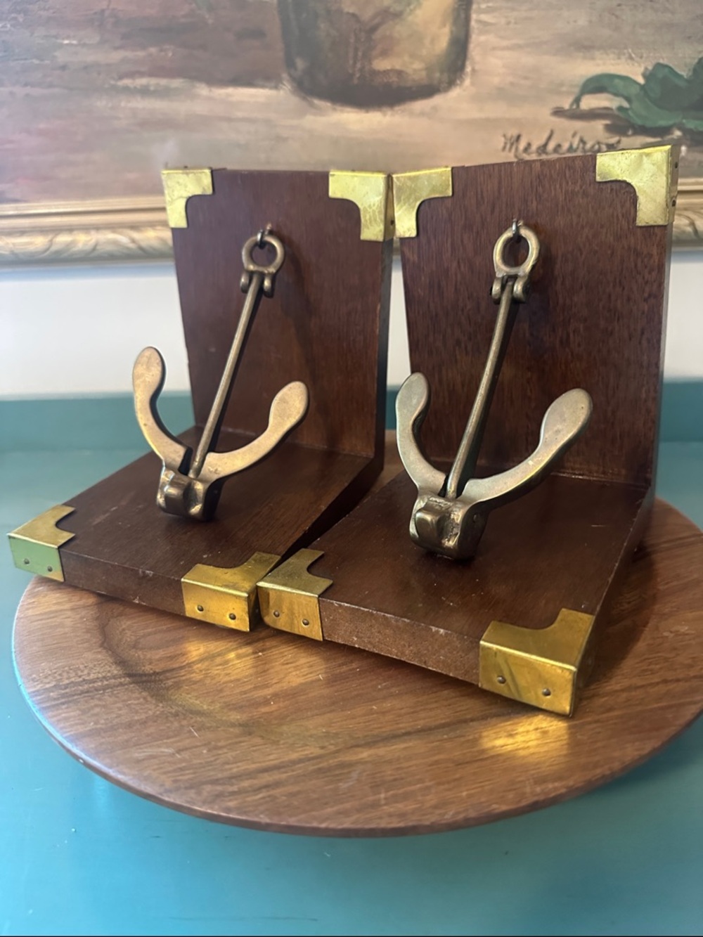 VINTAGE NAUTICAL THEMED BOOKENDS ANCHOR WOOD AND BRASS